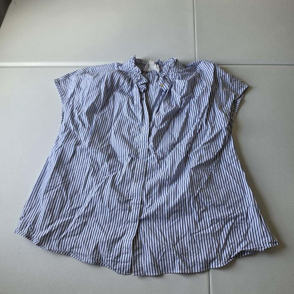 Pomander Place Tunic Blouse Womens Large Blue White Striped Ruffle V Neck Top